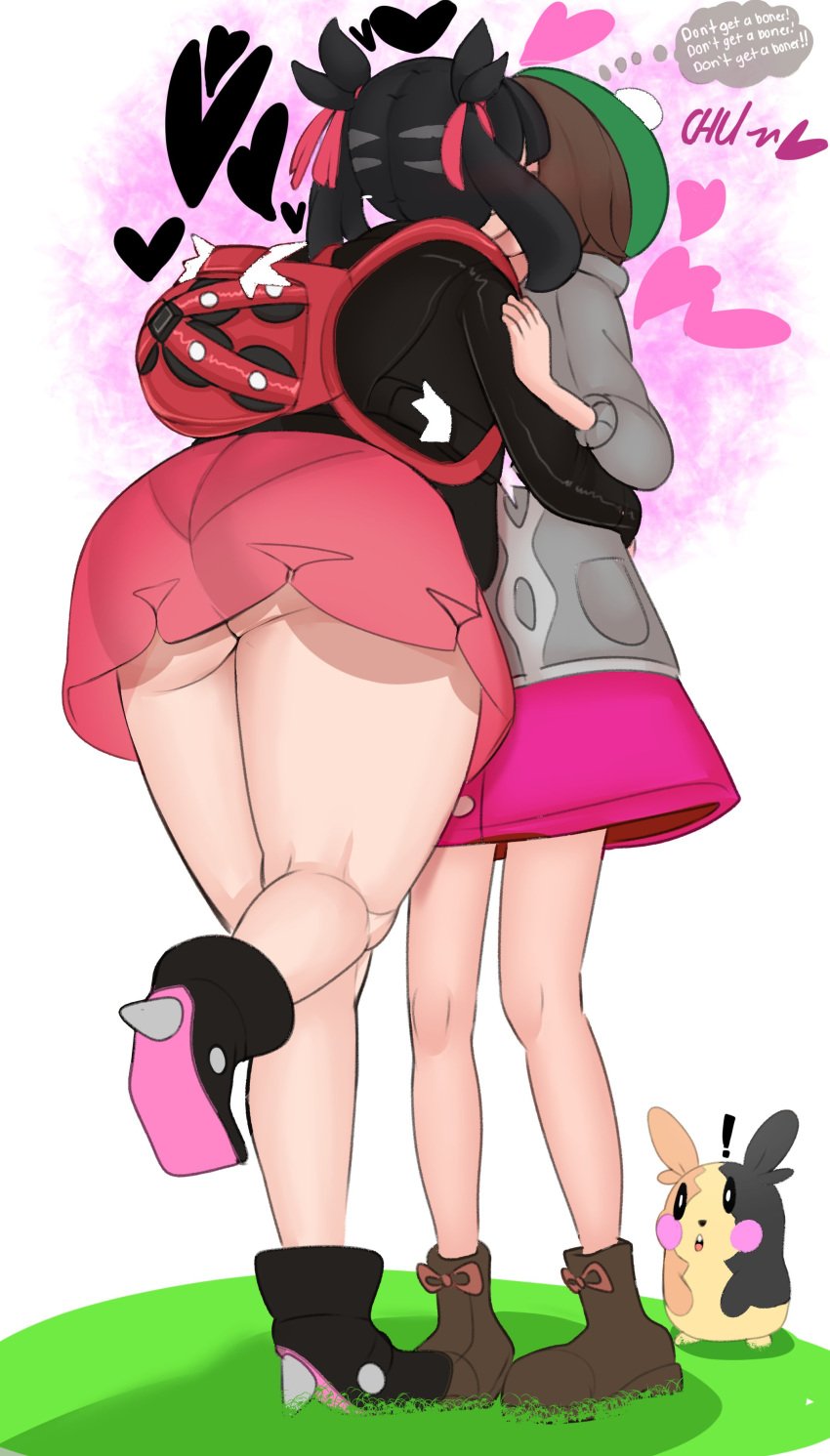 ! 1futa 1girls 2022 ass back back_view backpack bag big_ass black_hair brown_hair clothed clothed_female clothed_futanari clothing dialogue duo english_text female fladdykin fully_clothed futanari gloria_(pokemon) hat headwear height_difference huge_ass human implied_futanari implied_kiss kissing light-skinned_female light-skinned_futanari low-angle_view marnie_(pokemon) morpeko nintendo pale_skin panties pantylines pokémon_(species) pokemon pokemon_ss short_hair short_skirt simple_background skirt standing text thick_thighs thighs thought_bubble white_background wholesome wide_hips