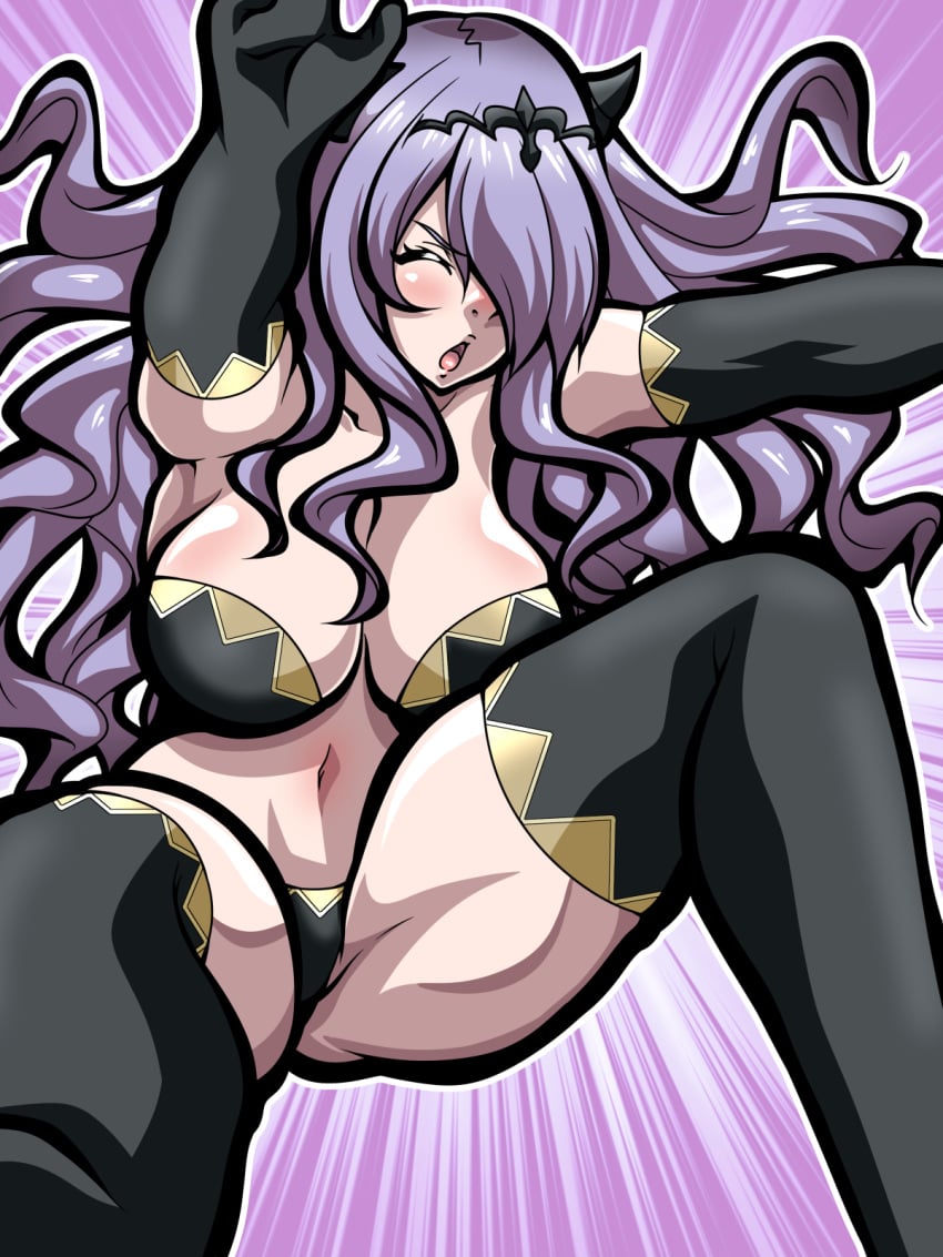 bare_thighs black_panties bra breasts camilla_(fire_emblem) closed_eyes defeated elbow_gloves female_only fire_emblem fire_emblem_fates gloves hair_over_one_eye horns inabakun00 large_breasts long_hair nintendo open_mouth panties purple_hair pushed thighhighs thighs underwear very_long_hair