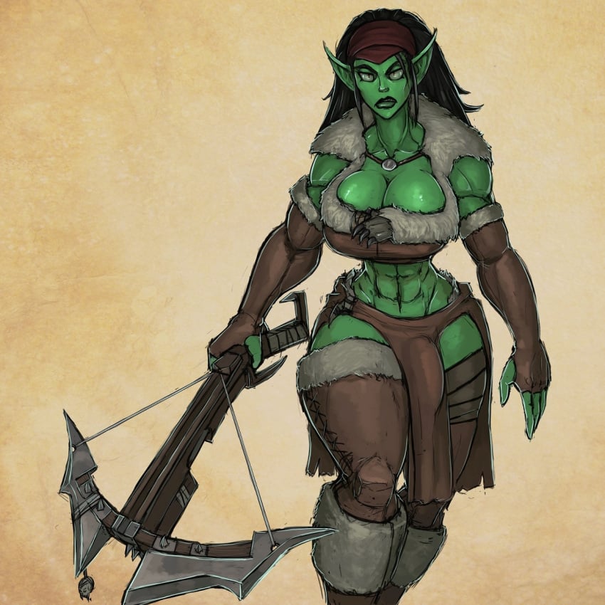 1futa abs black_hair breasts bulge clothed clothing crossbow fully_clothed futa_only futanari green_skin hedon humanoid katiethemoo muscular muscular_futanari orc orc_futanari penis penis_under_loincloth solo standing thick_thighs wide_hips