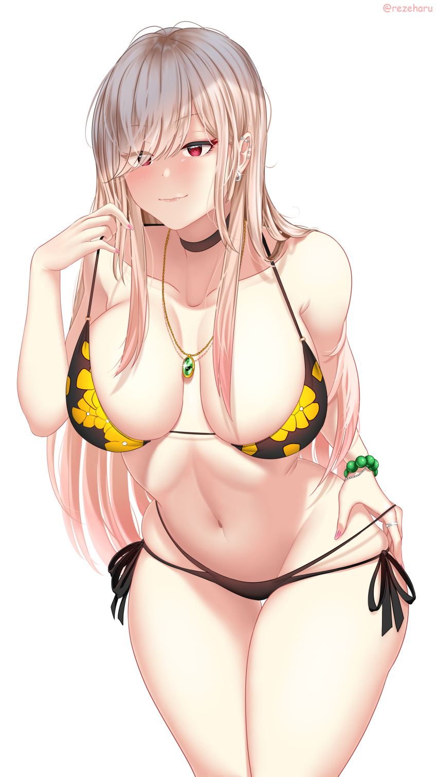 1girls big_breasts bikini blonde_hair blush breasts choker female gyaru kitagawa_marin long_fingernails long_hair necklace red_eyes rezeharu smile solo sono_bisque_doll_wa_koi_wo_suru standing thick_thighs thong wide_hips