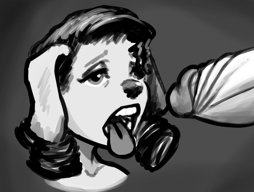 anthro bird_dog canid canine canis curled_hair djgb2733 domestic_dog duo female front_view genitals hair hi_res humanoid_genitalia humanoid_penis hunting_dog imminent_oral labrador male mammal monochrome penis retriever tongue tongue_out young