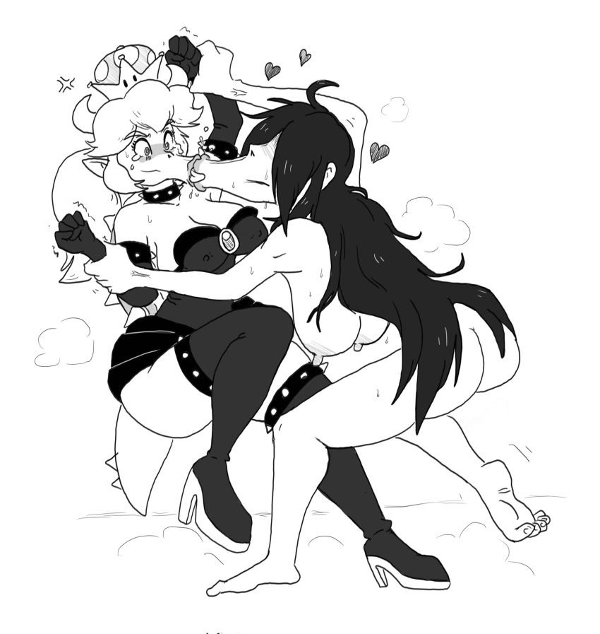 2girls :>= black_and_white blowjob_face bowsette female high_heel_boots high_heels horse_faced horseface hyliaanan kissing mario_(series) new_super_mario_bros._u_deluxe tagme thick_lips yuri