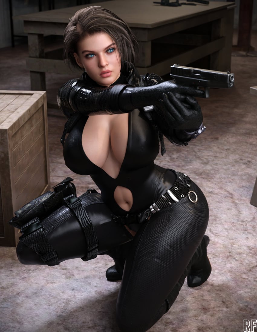 1girls 3d big_breasts bodysuit breasts female female_only firearm glock handgun jill_valentine jill_valentine_(sasha_zotova) large_breasts resident_evil resident_evil_3 resident_evil_3_remake rude_frog solo weapon