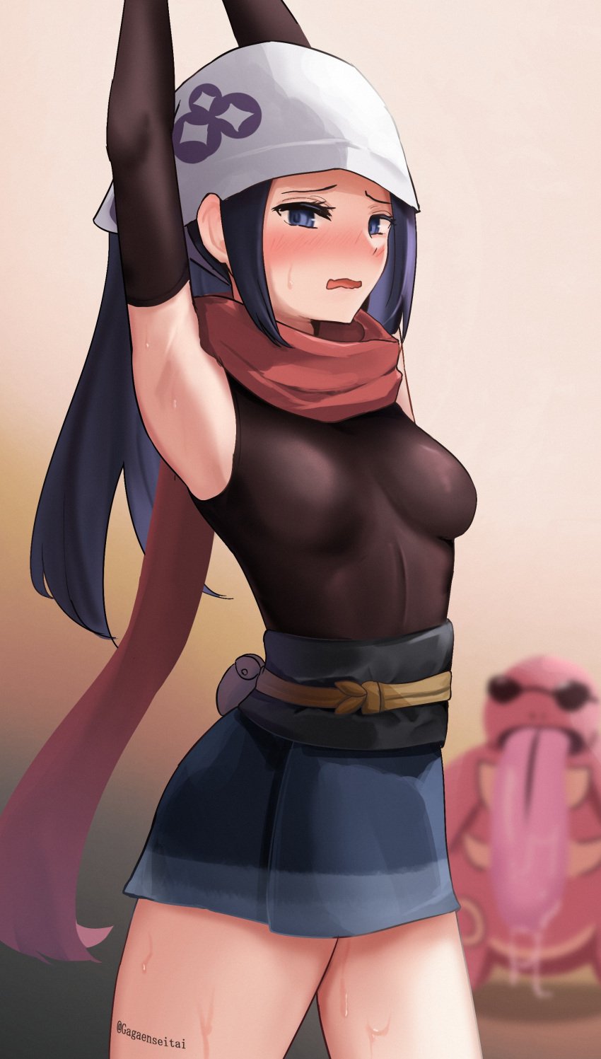 1girls akari_(pokemon) armpits blue_eyes blue_hair blur blurry_background blush bondage breasts color female female_focus gagaenseitai headgear headwear lickitung lingerie long_hair looking_at_viewer medium_breasts open_mouth pokemon pokemon_legends:_arceus saliva saliva_string saliva_trail scarf skirt sleeves sweat sweatdrop thighs tight_clothing tight_fit