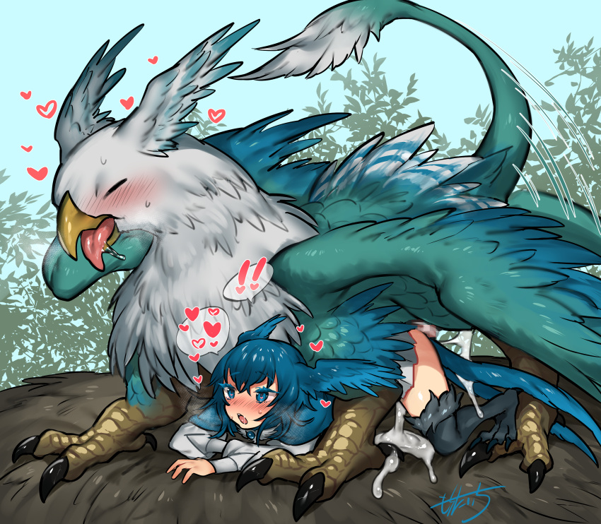 absurd_res ambiguous_penetration avian big_dom_small_sub blue_hair blush bodily_fluids claws cum cum_inside cum_on_ground cum_on_penis dominant dominant_feral duo female feral final_fantasy final_fantasy_xiv from_behind_position genital_fluids genitals gryphon hair head_wings heart hi_res humanoid male male/female meteion mochi_taichi mythological_avian mythology penetration penis sex size_difference square_enix submissive submissive_humanoid video_games wings zoophilia