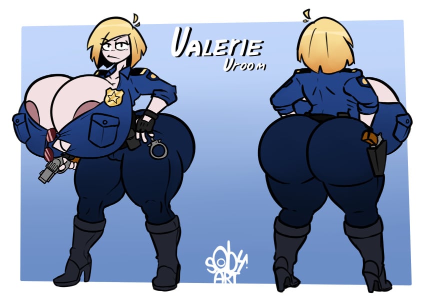blonde_female blonde_hair boots cop female female_only fingerless_gloves gun handcuffs huge_ass huge_breasts hyper hyper_breasts original_character police police_badge police_uniform policewoman reference_image reference_sheet sob4art sunglasses toon toony