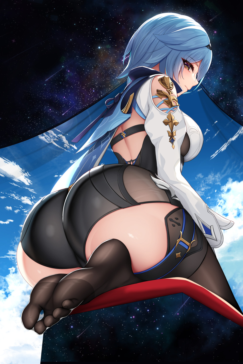 1girls 2022 absurd_res alternate_version_available arched_back ass ass_cheeks ass_focus back back_view big_ass big_breasts big_butt blue_hair blush bodysuit breasts butt_focus cloud damao_yu detailed_background eula_(genshin_impact) feet feet_in_stockings female foot_fetish genshin_impact hi_res highres huge_ass huge_breasts huge_butt kneeling large_ass large_breasts looking_at_viewer looking_back looking_down on_knees shiny_skin short_hair sideboob sky soles solo starry_sky stockings thick thick_ass thick_thighs thigh_strap thighs tight_clothing toes very_high_resolution yellow_eyes