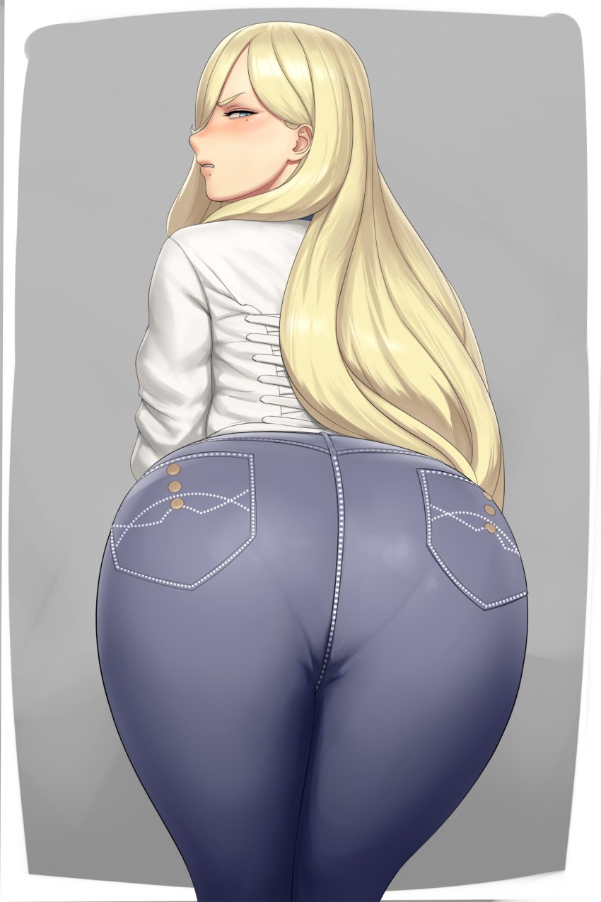 1girls aqua_eyes ass ass_focus big_ass blonde_hair blue_pants blush border clenched_teeth cross-laced_clothes denim disdain female female_only from_behind grey_background hair_over_one_eye half-closed_eye highres huge_ass jeans kantai_collection leaning_forward legs_together lips long_hair long_sleeves looking_at_viewer looking_back lvl lvl_(sentrythe2310) mole mole_under_eye mole_under_mouth outside_border pants pantylines pocket richelieu_(kantai_collection) shirt simple_background solo standing teeth very_long_hair wavy_hair white_border white_shirt