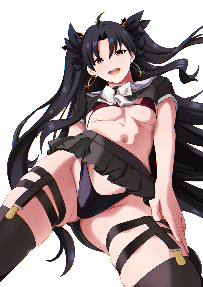 1girls absurdres artist_request ass_visible_through_thighs bangs bikini black_legwear black_panties black_skirt breasts cleavage contrapposto earrings eyebrows eyebrows_behind_hair eyelashes eyelashes_behind_hair fate/grand_order fate_(series) female from_below garter_straps groin hair hair_between_eyes hair_ribbon highleg highleg_panties highleg_swimsuit highres hoop_earrings ishtar_(fate) jewelry long_hair looking_at_viewer navel open_mouth panties parted_bangs patrick_reyes_ii red_eyes ribbon school_uniform simple_background skindentation skirt smile solo swimsuit teeth thighhighs tiara twintails two_side_up underboob underwear white_background