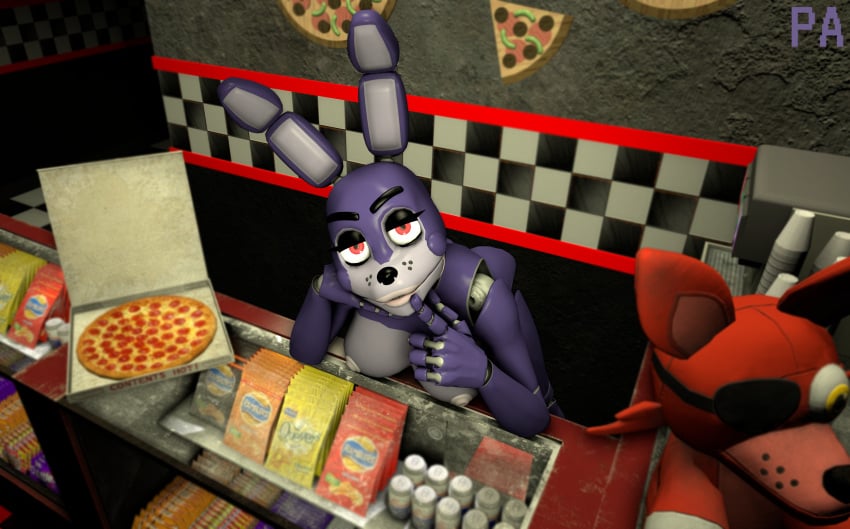 3d absurd_res animatronic anthro bent_over beverage_can black_nose bonnie_(fnaf) breasts female five_nights_at_freddy's food foxy_(fnaf) hi_res lagomorph leporid lips lipstick machine makeup mammal phoenix_adverdale pizza pizza_box purple_body purple_cheeks rabbit red_eyes robot robotic rule_63 scottgames soda_fountain solo solo_focus touching_face video_games white_lips white_lipstick working working_class