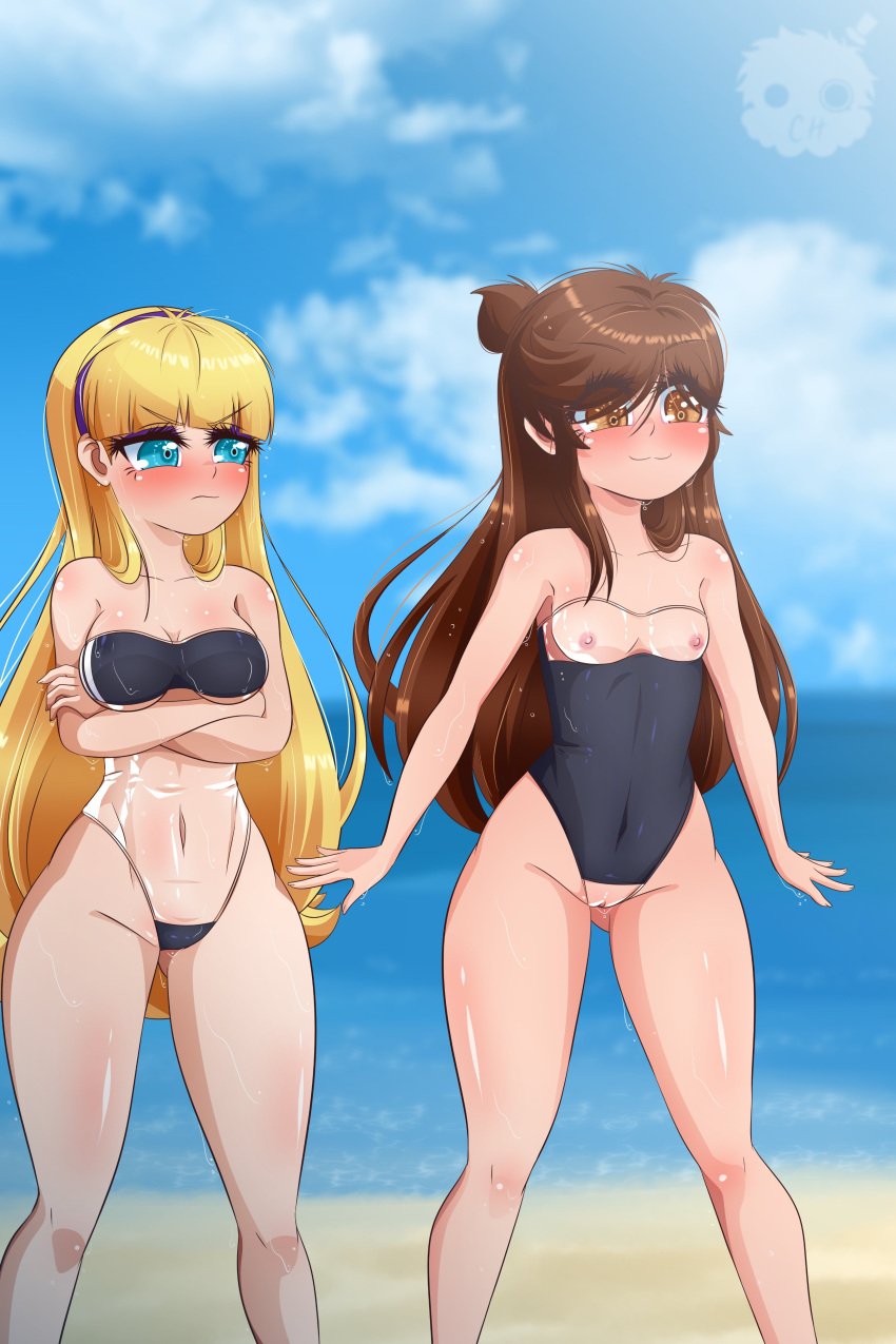 annoyed_expression beach blonde_hair brown_hair elchasconsito gravity_falls gris_swimsuit inverted_costume long_hair mabel_pines pacifica_northwest public public_nudity reverse_gris_swimsuit reverse_outfit small_breasts wet_skin