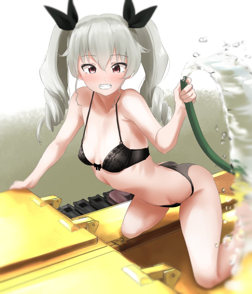 all_fours anchovy ass black_bra black_panties black_ribbon blurry blush bra breasts carro_veloce_cv-33 depth_of_field drill_hair female girls_und_panzer grey_hair grin ground_vehicle hair_ribbon highres hose long_hair looking_at_viewer military military_vehicle motor_vehicle panties petite red_eyes ribbon small_breasts smile solo tama_(seiga46239239) tank teeth twin_drills twintails underwear underwear_only water