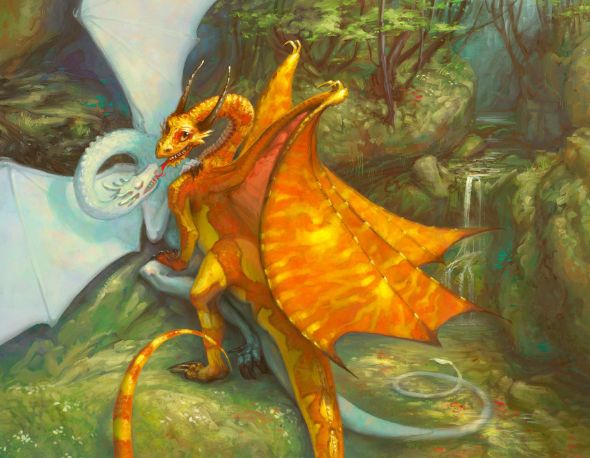 2_horns albino amazing_background ambiguous/ambiguous ambiguous_gender ambiguous_penetrated ambiguous_penetrating ambiguous_penetrating_ambiguous belly_scales big_tail black_claws brown_horn bruce_brenneise claws closed_eyes curved_horn day detailed_background digital_media_(artwork) digital_painting_(artwork) dragon duo feral feral_on_feral feral_penetrated feral_penetrating feral_penetrating_feral finger_claws forked_tongue grass hand_on_leg hand_on_shoulder hand_on_thigh hi_res high-angle_view horn imminent_kiss light lighting long_horn long_neck long_tail looking_at_viewer looking_up looking_up_at_viewer lying markings membrane_(anatomy) membranous_wings monotone_body monotone_scales multicolored_body multicolored_scales on_back open_mouth orange_body orange_scales outside penetration plant pond pupils quadruped scales scalie sex shaded shadow slit_pupils soft_shading spread_wings striped_body striped_markings striped_scales striped_tail striped_wings stripes tail_markings tail_tuft teeth thick_tail toe_claws tongue tongue_out tree tuft two_tone_body two_tone_scales water waterfall western_dragon white_body white_scales wing_claws wings yellow_body yellow_eyes yellow_scales