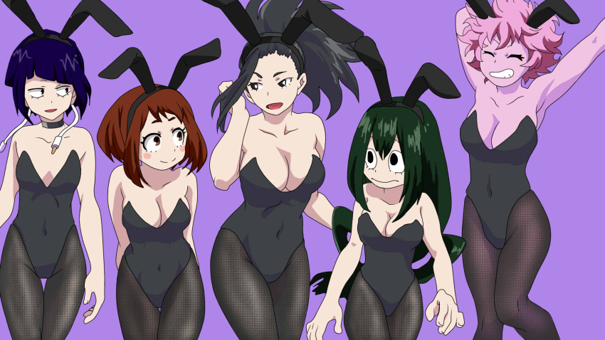 5girls breast_size_difference bunny_girl bunnysuit cleavage earlobe_jacks froppy kyoka_jiro mina_ashido momo_yaoyorozu my_hero_academia ochako_uraraka pinky purple_background tsuyu_asui