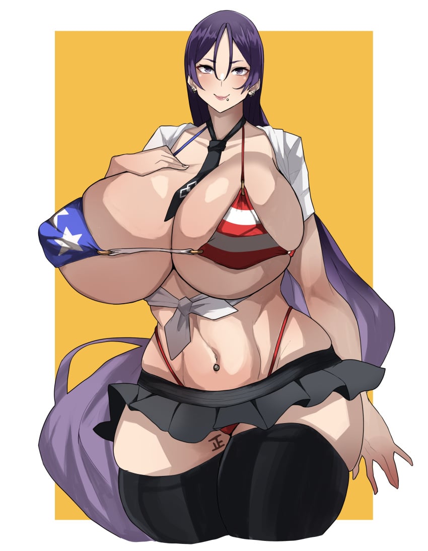 1girls alternate_costume american_flag american_flag_bikini belly belly_button big_breasts big_nipples big_thighs black_skirt black_thigh_highs black_thighhighs black_tie breasts costume_switch covered_nipples curvaceous curvy curvy_female curvy_figure ear_piercing ear_ring earrings erect_nipples exposed_stomach fate/grand_order fate_(series) female hand_behind_back hand_on_breast huge_breasts light-skinned_female long_hair looking_at_viewer massive_breasts mature mature_female mature_woman milf minamoto_no_raikou_(fate) minamoto_no_raikou_(fate/grand_order) minamoto_no_raikou_(swimsuit_lancer) minamoto_no_raikou_(swimsuit_lancer)_(fate) panties pierced_belly_button piercing pose posing pov purple_eyebrows purple_eyes purple_hair red_panties school_uniform schoolgirl_uniform short_skirt simple_background skirt sole_female solo_female solo_focus stomach string_panties tally_marks thick_thighs thigh_highs thighhighs thighs tie very_long_hair voluptuous white_background wide_hips writing_on_body writing_on_skin yamada yamadare yellow_background