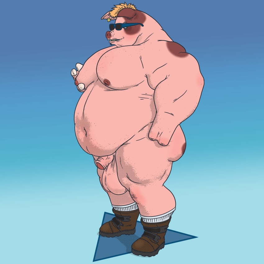 2_fingers absurd_res anthro balls big_balls boots boots_only brown_spots chrm clothing domestic_pig exhibitionism eyewear fingers footwear footwear_only genitals gradient_background halftone hi_res holding_moob huge_balls male mammal mohawk mostly_nude musclegut obese overweight pink_body pink_skin simple_background solo spots suid suina sunglasses sus_(pig)