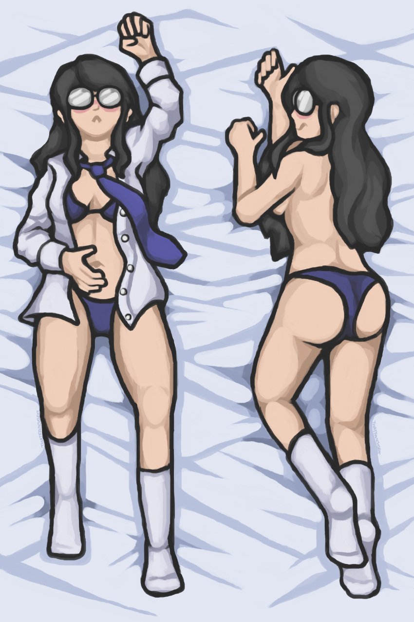 black_hair blue_clothing blush body_pillow bra breasts dakimakura dakimakura_(medium) dakimakura_design dress_shirt fancy_(thatfancygent) female glasses long_hair looking_at_viewer multiple_views on_back on_bed on_side panties round_glasses socks thatfancygent tie white_background