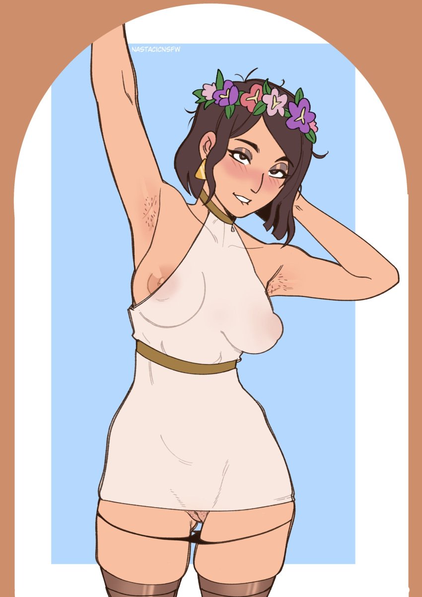 2022 armpit_hair armpit_hair_peek armpit_stubble armpits arms_up artist_name bedroom_eyes belt big_breasts blush brown_eyes brown_hair casual clothed clothing dark_skin dress earrings eye_bags female flower flower_crown flower_in_hair growing_armpit_hair growing_pubic_hair human innie_pussy inside_job light_skin looking_at_viewer messy_hair nastacicnsfw neckwear nipple_bulge nipple_slip nipples nipples_visible_through_clothing panties panties_down pubes pubic_hair pubic_stubble puffy_nipples pussy pussy_stubble reagan_ridley see-through short_hair simple_background solo thick_thighs thigh_squish vulva