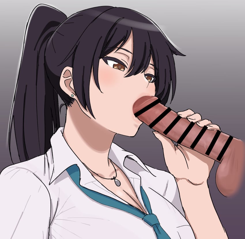 1boy absurdres bar_censor black_hair blush brown_eyes censored collared_shirt disembodied_penis erection fellatio female guhanshounen hair_between_eyes highres idolmaster idolmaster_shiny_colors long_hair necktie oral penis penis_grab ponytail shirase_sakuya shirt solo_focus straight white_shirt