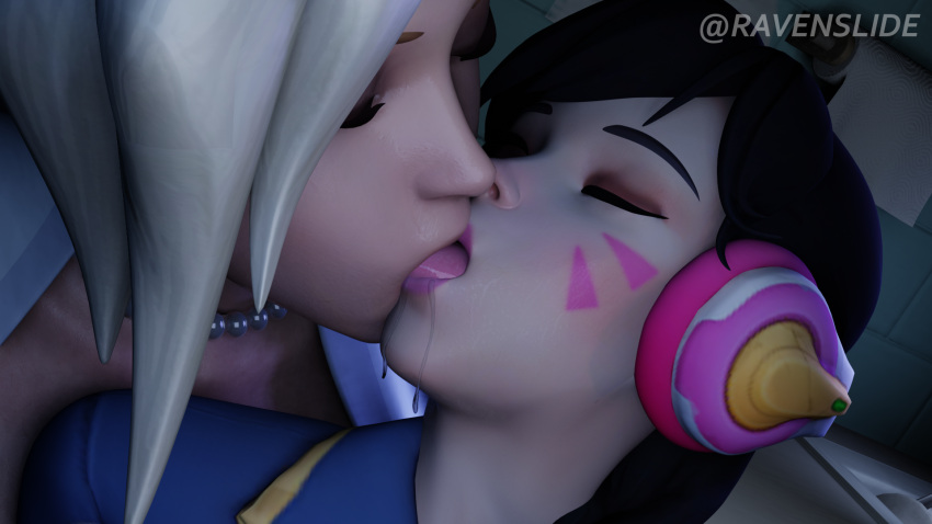 3d caucd.va d.va interracial kissing lesbian light-skinned_female mercy overwatch ravenslide saliva yuri