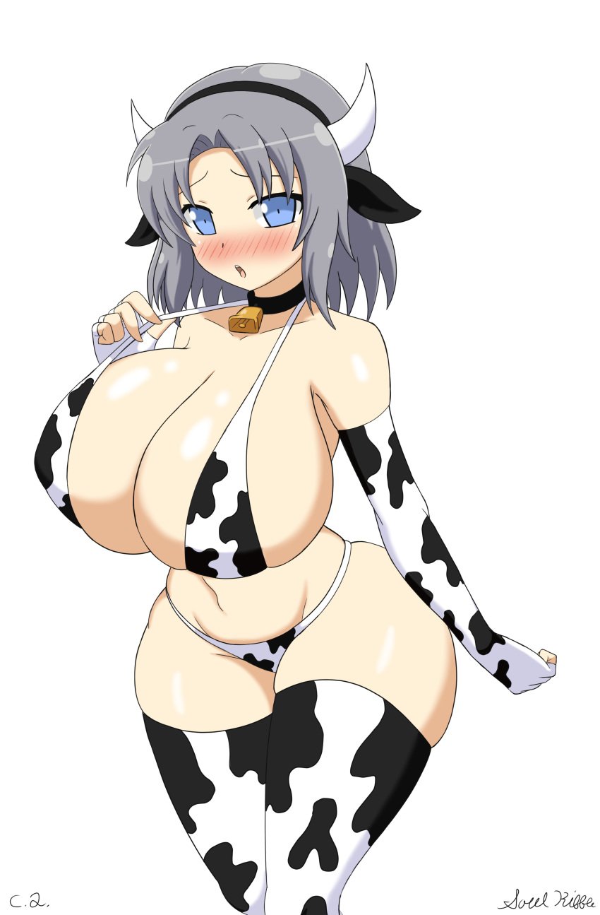 big_breasts blue_eyes cow_ears cow_horns cow_print grey_hair senran_kagura senran_kagura_(series) senran_kagura_shinovi_versus soulkibble thick_thighs thighhighs yumi_(senran_kagura)