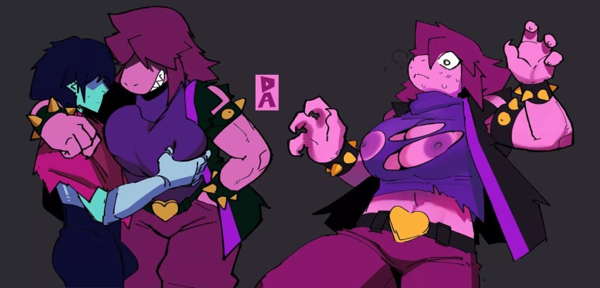 1girls 1male 2koma anthro arm_behind_head arms_behind_back big_breasts blue_hair blue_skin blush bracelet breast_grab breast_press breast_squeeze breasts breasts_out clawed_fingers claws clothing_cutout deltarune domination_loss female female_anthro femsub goonie-san goonie_v groping groping_breasts hands_on_breasts human instant_loss instant_loss_2koma kris_(deltarune) long_hair male male_human male_human/female_anthro maledom no_bra pink_skin purple_hair purple_nipples reptile_humanoid ripped_clothing ripped_shirt scalie sharp_claws sharp_teeth shocked shocked_expression small_dom_big_sub snout spiked_bracelet surprised surprised_expression susie_(deltarune) sweat sweatdrop taller_female taller_girl