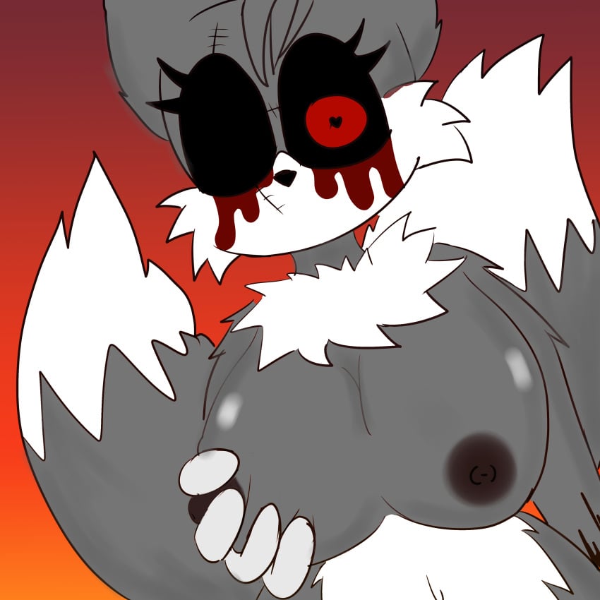 2_tails animal_nose blood chara_wantrp dark_red_nipples eyelashes female fluffy fox friday_night_funkin friday_night_funkin_mod fur grey_skin hand heart_eye nipples red_eye rule_63 sonic.exe sonic.exe_(series) squeezing_breast tails.exe tailsko.exe