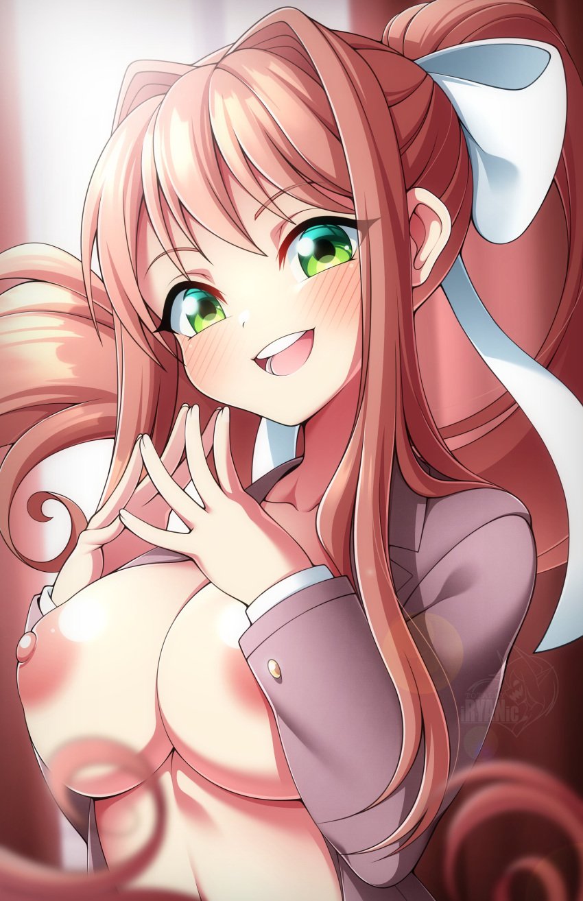 1girls areolae big_breasts breasts cute doki_doki_literature_club eye_contact female hair_ribbon happy iryanic long_hair looking_at_viewer monika_(doki_doki_literature_club) nipples ponytail school_uniform schoolgirl upper_body very_long_hair