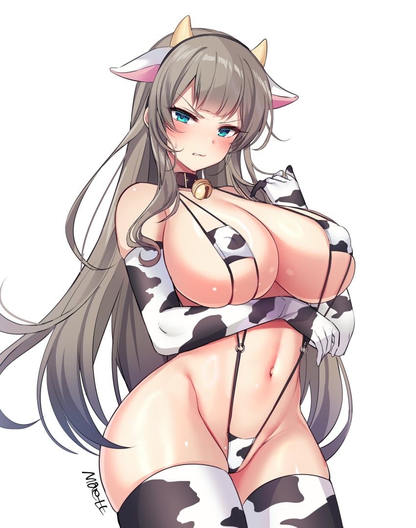 1girls absurdres animal_ears animal_print bare_shoulders bell black_choker blue_eyes breasts choker cleavage clenched_teeth counter:side covered_erect_nipples cow_ears cow_horns cow_print cowboy_shot elbow_gloves fake_animal_ears fake_horns female frown gloves grey_hair groin hairband hand_up highres horns jaina_kropel jingle_bell large_breasts light-skinned_female light_skin long_hair looking_at_viewer maett navel replacer_queen simple_background skindentation slingshot_swimsuit solo square_bikini stomach string_bikini swimsuit teeth thighhighs thighs v-shaped_eyebrows very_long_hair white_background white_gloves white_legwear