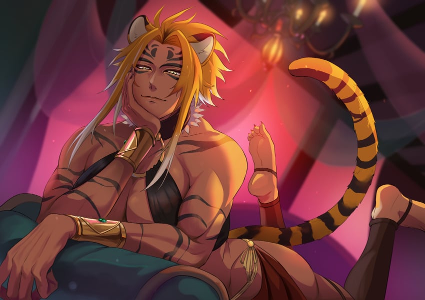 1boy ambush_(trap) androgynous animal_ears blonde_hair cat_ears cat_tail cleavage humanoid humanoid_tiger long_hair_male looking_at_viewer looking_down lying male male_only manboobs muscles muscular_male pecs sana_(artist) solo stripes tail tiger tiger_ears tiger_tail toned year_of_the_tiger yellow_eyes