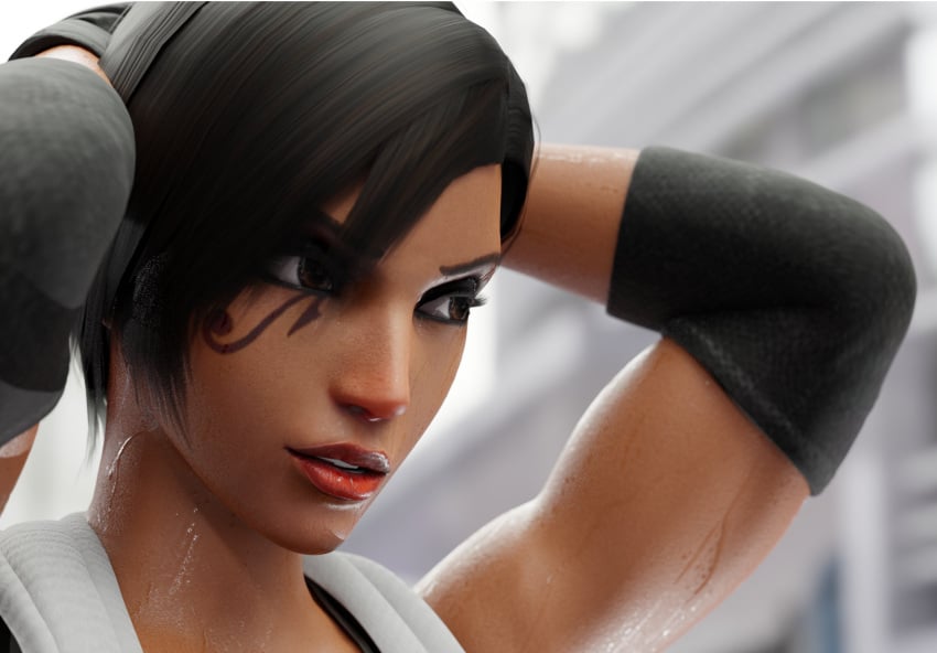 1girls 3d 4th_rate athletic blizzard_entertainment dark-skinned_female dark_skin egyptian egyptian_female fareeha_amari female female_only fit_female overwatch pharah post_workout solo sports_bra sweaty tattoo