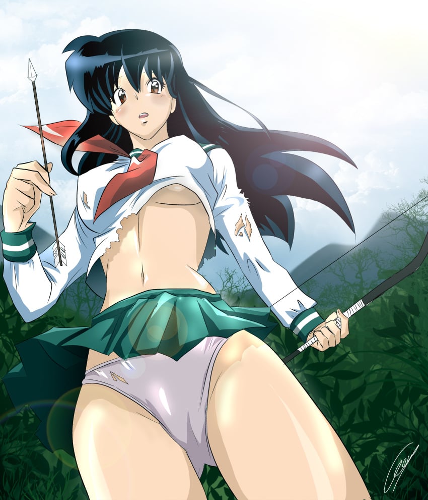 1girls artist_request dutch_angle female higurashi_kagome hikari-15 inuyasha kagome_higurashi panties solo torn_clothing underboob white_panties