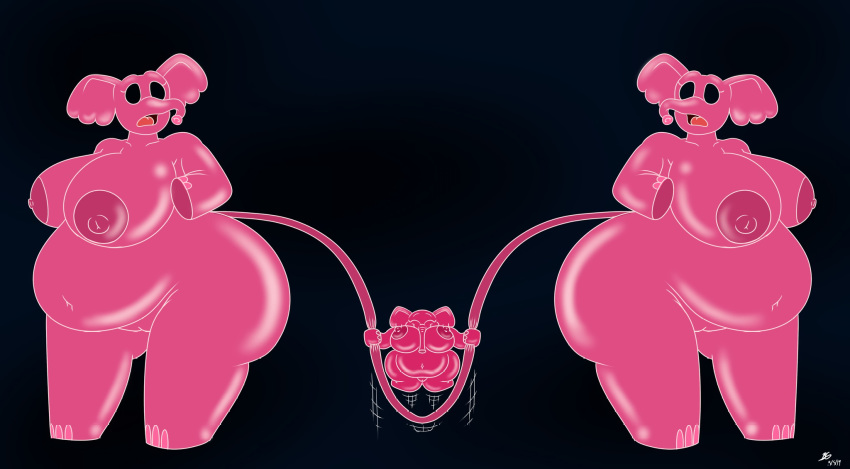 anthro big_breasts breasts conjoined disney dumbo elephant elephantid female furry group hi_res hooves huge_breasts huge_thighs jump_rope long_tail mammal nipples overweight overweight_female pink_elephants_on_parade pink_skin proboscidean pussy sexyshrine thick_thighs trunk