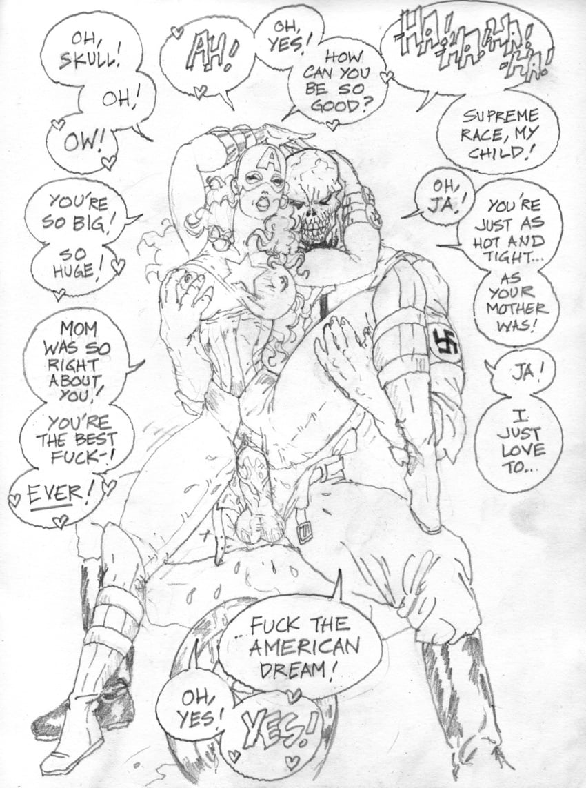 1boy 1girls american_dream big_breasts big_penis black_and_white breasts captain_america_(series) dialogue english_text female ksennin large_penis long_hair male marvel marvel_comics mc2 penis red_skull sex shannon_carter speech_bubble straight straight_hair superheroine vaginal_penetration