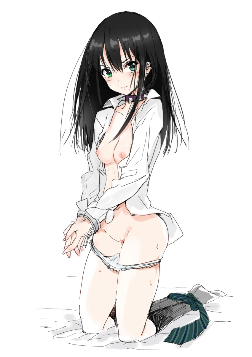 black_hair blush bondage breasts collar cuffs dress_shirt earrings female green_eyes handcuffs highres idolmaster idolmaster_cinderella_girls jewelry kneeling long_hair looking_at_viewer necktie open_clothes open_shirt panties panty_pull seozo shibuya_rin shirt simple_background solo spiked_collar spikes sweat tears uncensored underwear white_background