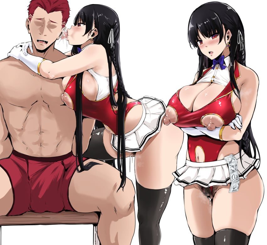 1boy 1girls arms_around_neck arms_under_breasts big_breasts black_hair black_thighhighs blush classroom_of_the_elite condom condom_in_clothes condom_wrapper earrings erection_under_clothes female female_pubic_hair gloves horikita_suzune hug licking_ear long_hair miniskirt nipple_cutout nipples open_mouth pussy pussy_juice red_eyes red_hair saliva slutty_outfit stockings stomach_cutout sudou_ken thighhighs thighs tongue_out youkoso_jitsuryoku_shijou_shugi_no_kyoushitsu_e zerogura