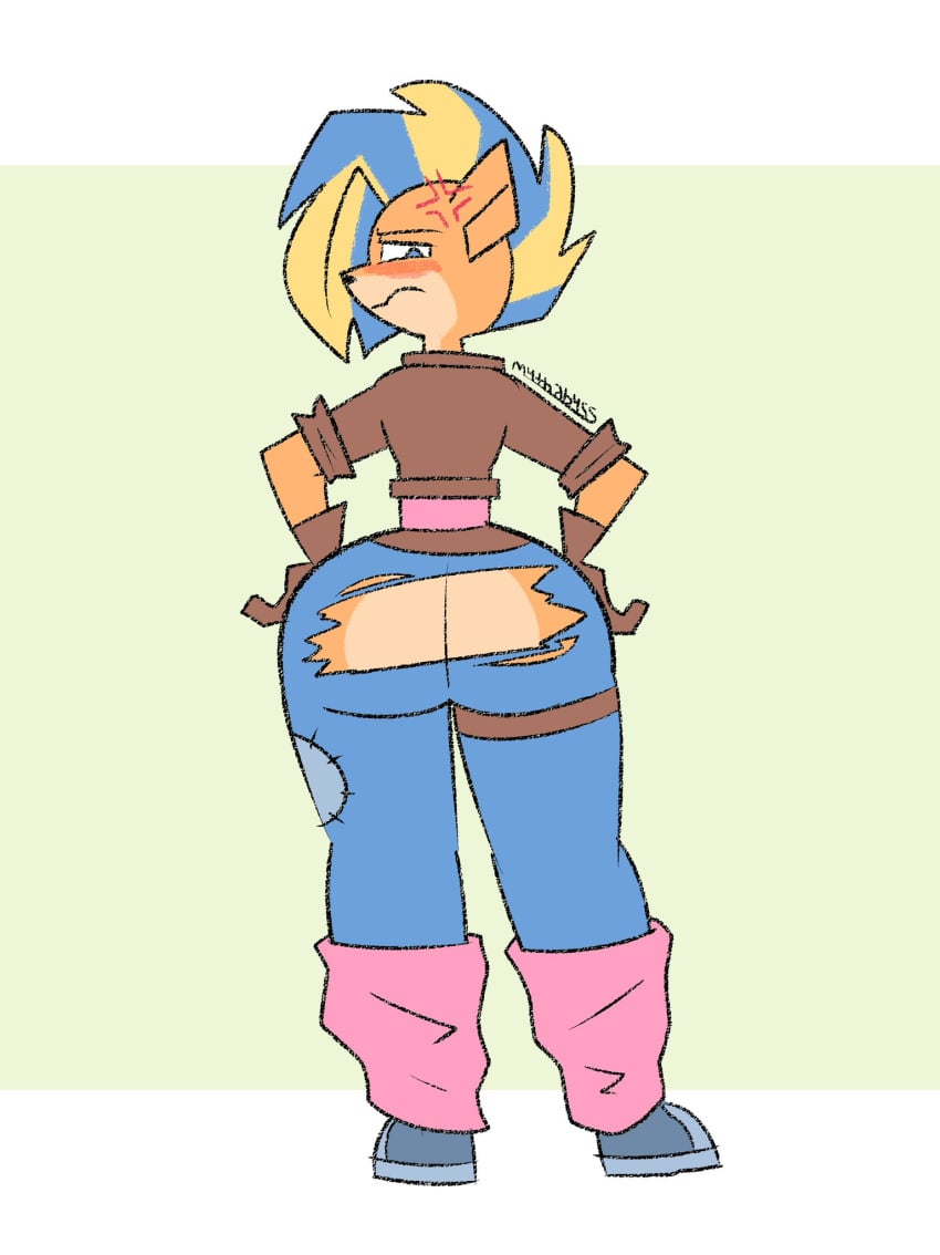 1girls activision anthro ass ass_cleavage big_ass big_butt blush butt_crack clothed clothing crash_(series) embarrassed female fur furry furry_only jeans looking_back mythabyss pirate_tawna solo tawna_bandicoot tawna_bandicoot_(crash_4) thick_thighs tight_clothing torn_clothes torn_clothing wardrobe_malfunction wide_hips