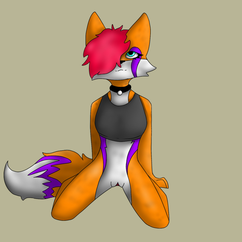 anthro biolumine blue_eyes canid canine clothed clothing collar female fox fur genitals hair hi_res looking_up mammal nova(biolumine) orange_body orange_fur partially_clothed purple_body purple_fur red_hair solo white_body