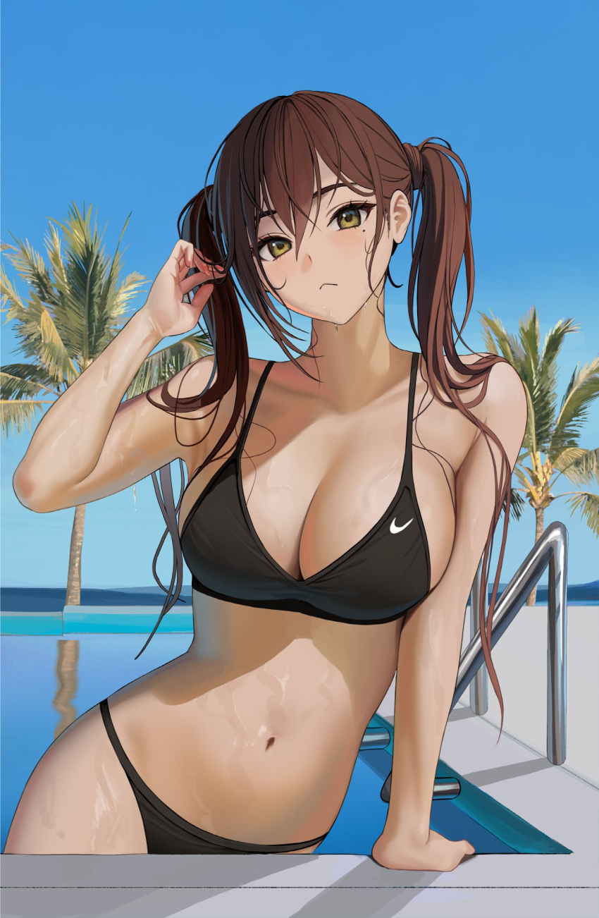 1girls big_breasts bikini brown_hair light-skinned_female nike palm_tree pool swimsuit tokkihouse twintails