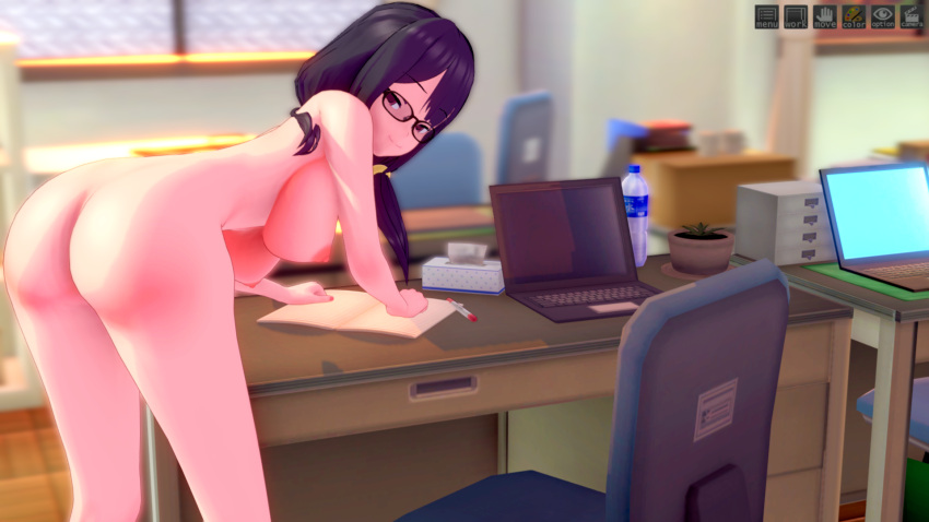 1girl background bent_over big_ass big_breasts black_eyes black_hair chair desk glasses laptop light-skinned_female looking_at_viewer looking_back moe_ninja_girls notebook nude nude_female options pen potted_plant seductive seductive_look seductive_pose seductive_smile tagme tissue_box water_bottle window yamabuki_suou