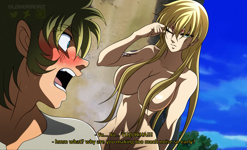 1boy 1girls accidental_circumstance accidental_exposure big_ass big_breasts blonde_hair blue_eyes blush blushing_at_viewer breasts crane_yuzuriha doujin embarrassed embarrassed_nude_female embarrassment epilogue female green_eyes human large_breasts long_hair nude nude_female nude_female_clothed_male oldhorrorz saint_seiya saint_seiya:_the_lost_canvas silver_saints tattoo unicorn_yato