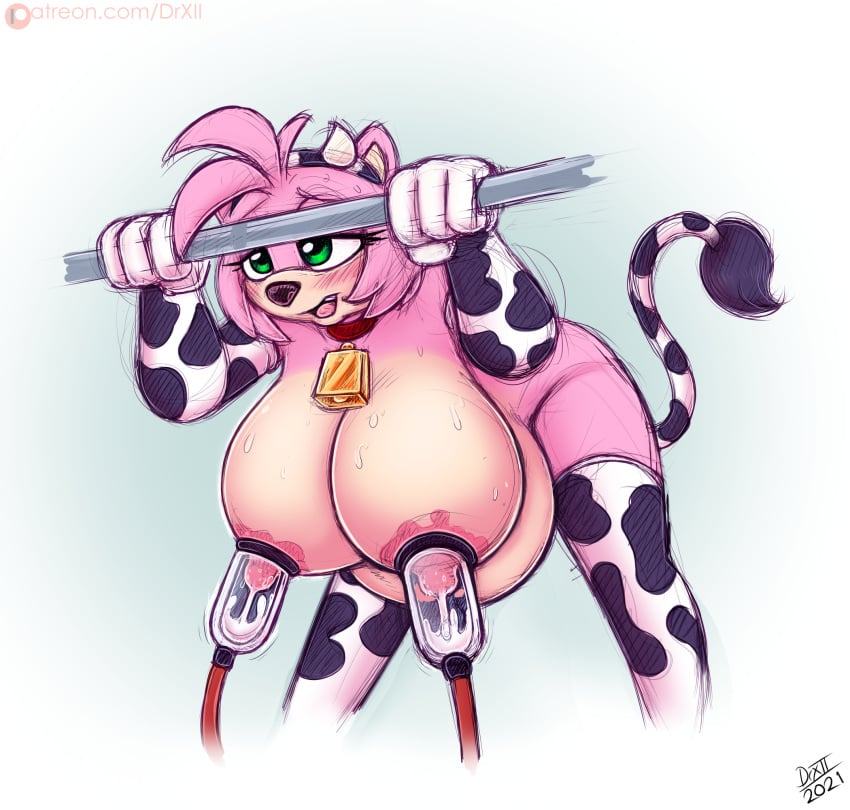 accessory amy_rose animal_print anthro big_breasts blush bodily_fluids bovid_horn bovine_horn breast_milking breasts clothed clothing collar cow_girl cow_horn cow_print cowbell digital_media_(artwork) double_breast_sucking drxii eulipotyphlan female footwear fur gloves green_eyes hair handwear hanging_belly hanging_breasts headband hedgehog hi_res horn huge_breasts lactating lactation legwear machine mammal milk milking milking_machine nipples nude pink_body pregnant sega simple_background socks solo sonic_(series) sonic_the_hedgehog_(series) suction_cup thigh_highs thigh_socks video_games