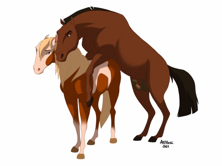 2021 animal_genitalia animal_penis arf-fra balls dreamworks duo equid equine equine_penis fan_character female feral feral_on_feral genitals horse imminent_sex male male/female mammal penis rain_(cimarron) simple_background spirit:_stallion_of_the_cimarron text white_background