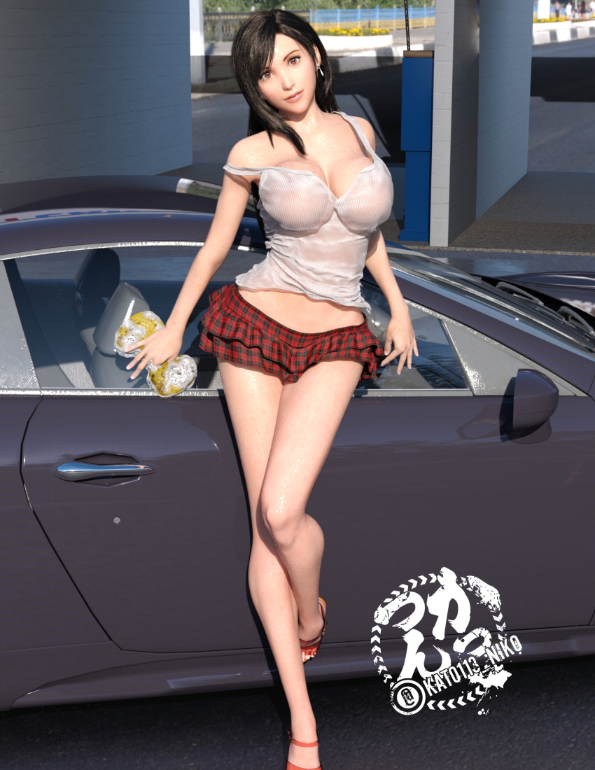 1girls 3d breasts brown_eyes brown_hair car car_wash cleavage clothed earrings female female_only final_fantasy final_fantasy_vii final_fantasy_vii_remake kato113_niko large_breasts long_hair looking_at_viewer maserati miniskirt off_shoulder plaid plaid_skirt shiny_skin solo sponge tank_top tifa_lockhart wet_clothes wet_skin