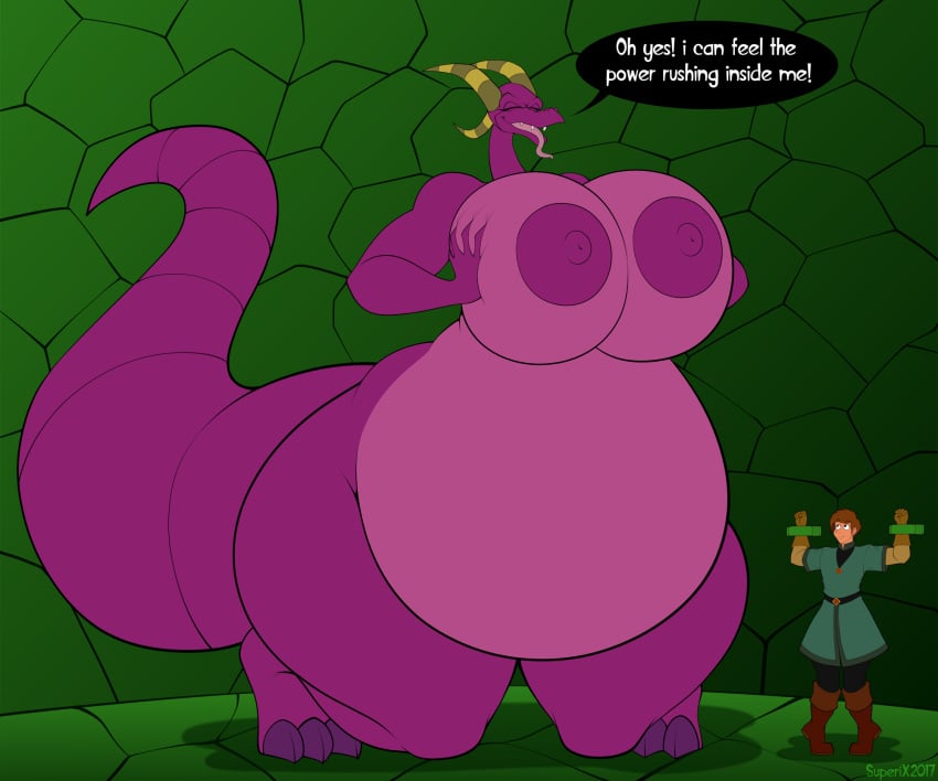 1boy 1girls anthro bartok_the_magnificent belly big_belly big_breasts breasts clothing cuff_(restraint) don_bluth dragon duo english_text fat fat_dragon_female female feral hi_res huge_breasts human ludmilla_(bartok) male mammal non-mammal_breasts overweight overweight_anthro overweight_dragon overweight_female purple_body restraints shackles superix text