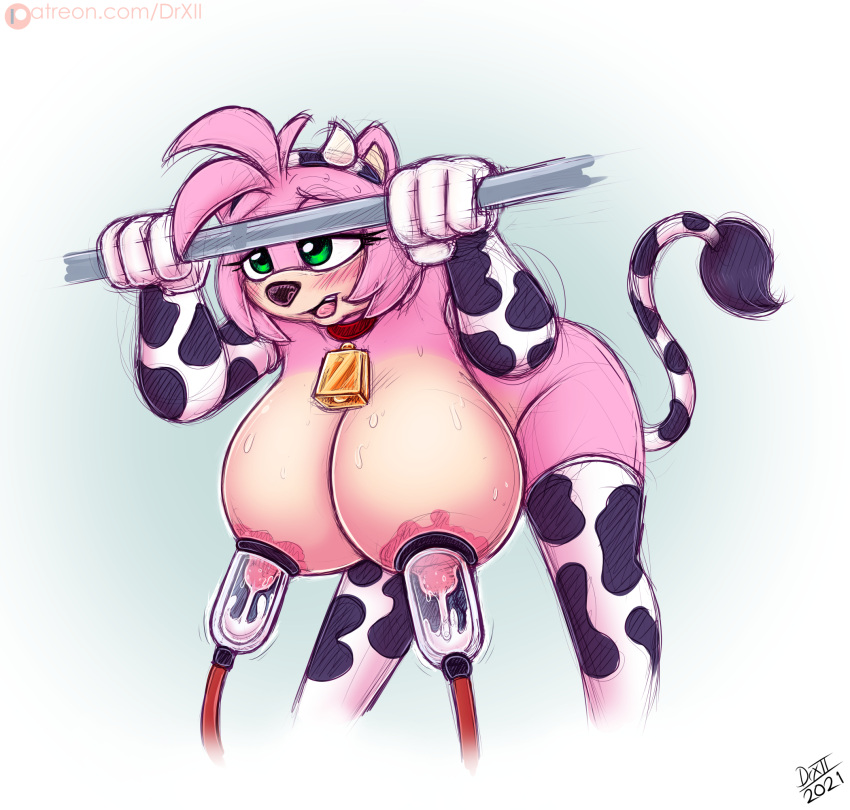 accessory amy_rose animal_print anthro big_breasts blush bodily_fluids bovid_horn bovine_horn breast_milking breasts clothed clothing collar cow_girl cow_horn cow_print cowbell digital_media_(artwork) drxii eulipotyphlan female footwear fur gloves green_eyes hair handwear hanging_breasts headband hedgehog hi_res horn huge_breasts lactating lactation legwear machine mammal milk milking milking_machine nipples pink_body sega simple_background socks solo sonic_(series) suction_cup thigh_highs thigh_socks video_games