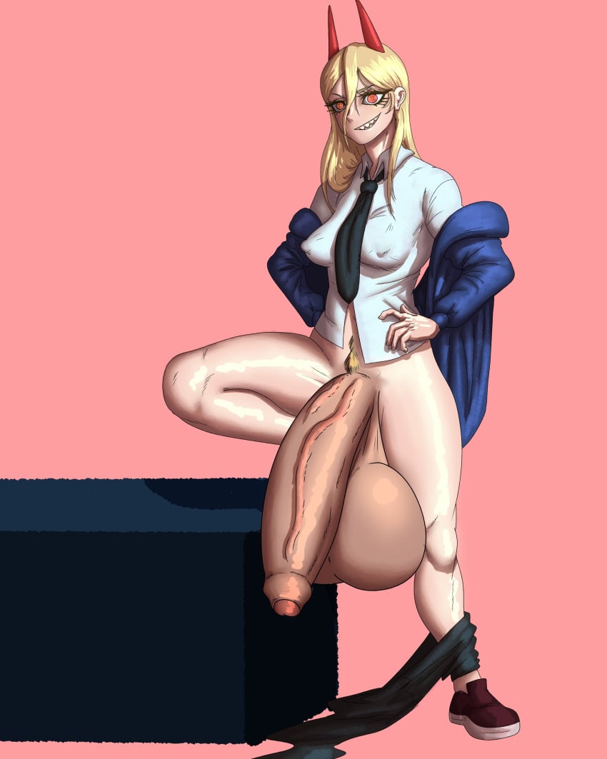 1futa balls big_breasts blonde_hair bottomless breasts chainsaw_man clothed clothing flaccid froeedo futa_only futanari gigantic_penis huge_cock humanoid humanoid_penis hyper_balls hyper_penis light-skinned_futanari light_skin long_hair pale_skin partially_clothed penis power_(chainsaw_man) sharp_teeth solo standing uncut