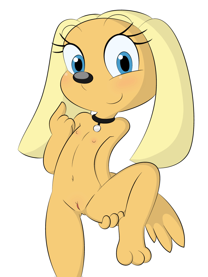 anthro blonde_hair blue_eyes brandy_&_mr_whiskers brandy_harrington canine collar disney disney_channel dreameclipsewolf eyelashes female female_focus female_only flat_chest fur furry furry_only nipples nude pointing_at_self pussy smile solo tail tan_fur toon_disney transparent_background