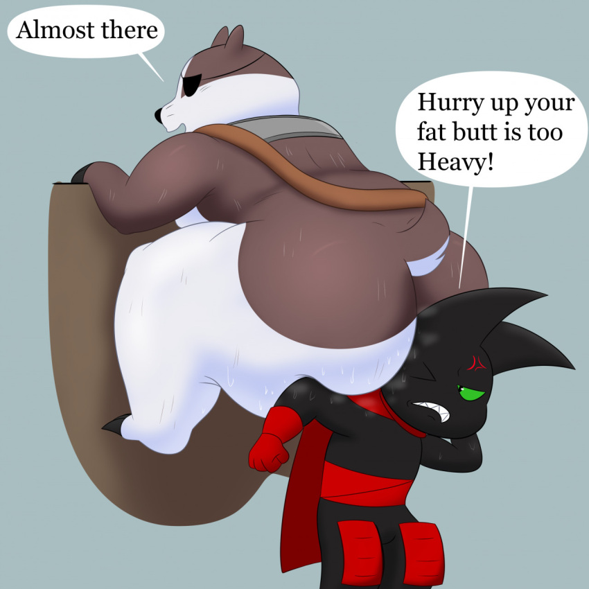 anthro ass badger badgerclops big_butt black_body black_fur cape cartoon_network climbing clothing colossalstars cybernetics cyborg domestic_cat duo english_text felid feline felis fst fur green_eyes hi_res machine male mammal mao_mao:_heroes_of_pure_heart mustelid musteline red_clothing sheriff_mao_mao_mao text