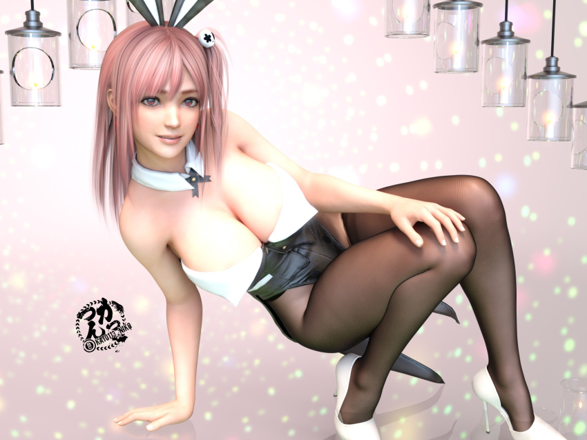 1girls 3d breasts bunny_ears bunnysuit cleavage clothed dead_or_alive earrings female female_only heels honoka_(doa) kato113_niko large_breasts looking_at_viewer pantyhose pink_eyes pink_hair side_ponytail smile solo